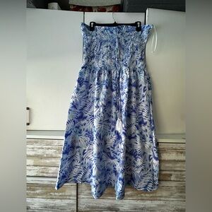 Gypsie Blu Blue White Strapless Midi Dress 2X NWT Boho Tropical Smocked Beach